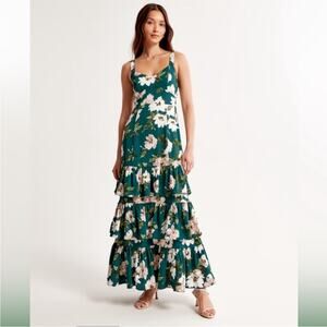 A&F Drama Ruffle Tiered Maxi Dress in Green Floral